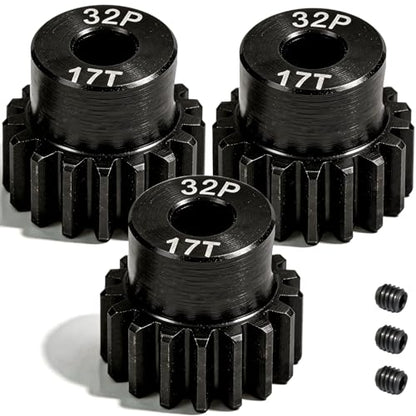 32P 17T RC Car Gear Set | 45# Steel Black Oxide | 5mm Bore +0.03mm | Precision Engineered Motor Pinion Gear Compatible with Traxxas/ARRMA/HPI/Kyosho (3-Pack with M4 Set Screws) - style: 3Pcs 17T