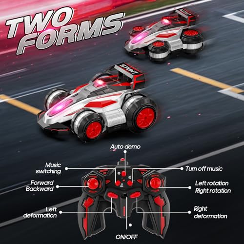 Remote Control Stunt Car, High Speed Drift Deformation RC Car with LED Lights, 2.4GHz Controller, Red Toy Vehicle for Kids Ages 4-16 - color: Red