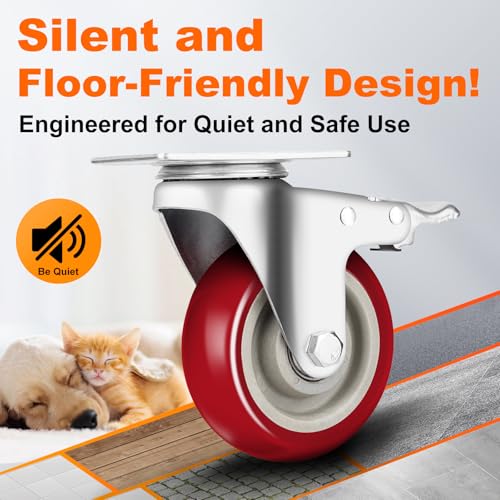 5 Inch Plate Caster Set of 4, Heavy Duty PU Swivel Wheel with Dual Brakes | Smooth 360° rotation,dual locking brake,silent PU wheels - color: Red, size: 5 IN