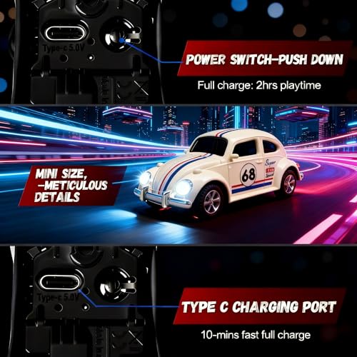 Mini RC Car, Alloy 1/64 RC Car [LED Lights] [3 Speeds Modes] [Rechargeable Battery] Retro Beetle with Remote Control, White - color: White