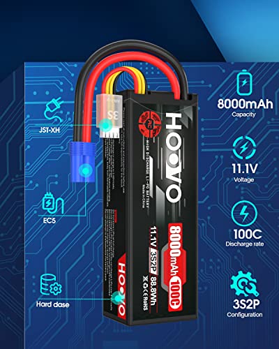 HOOVO 3S 11.1V Lipo Battery 8000mAh 100C RC Battery EC5 Connector(2 Pack) | Hard Case, for RC 1/8 1/10 Scale Vehicles Car RC Truggy Truck Airplane Helicopter Boat