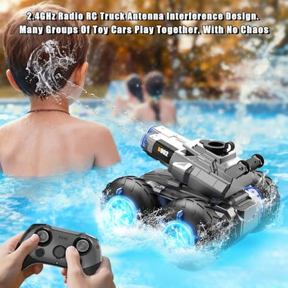 3-in-1 Amphibious RC Car & Boat 4WD All-Terrain Stunt Car | Gesture Sensing RC Trucks Toys Built-in Water Gun Swimming Pool Toys Birthday Gifts for 8 9 10 11 12 +Year Old Boys Girls - color: Blue