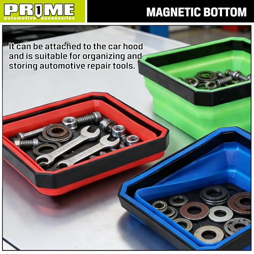PR1ME Collapsible Magnetic Parts Tray Set, Foldable Magnetic Tray, 3 Pieces 4.25 inch Square Silicone Bowls with Magnetic Base Stores and Organizes Small Parts and Tools - size: Basic Trays