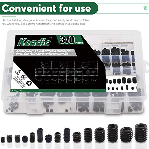 Keadic 376Pcs Internal Hex Drive Cup-Point Screws Assortment Kit, 15 Sizes Alloy Steel Hex Socket Set Cap Point Grub Screws, Socket Head Cap Screws Grub Screws, Black (1/8" to 3/8") - style: 376pcs SAE 10 Sizes Cup Point Set Screw Kit