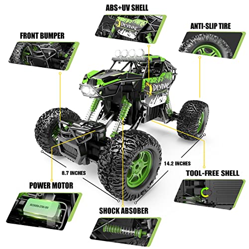CROBOLL 1:12 Large RC Cars for Boys, 20km/h 2.4GHz Remote Control Car | Upgraded Lifting Function, Toy Gifts for Kids, 4WD All Terrain RC Truck, Green Monster Truck, 2 Batteries, 60 Min Play - color: Green