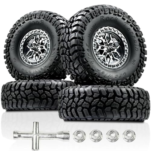 Premium 2.2 RC Beadlock Wheels & Soft Crawler Tires for 1/10, CNC Aluminum Rims, Mud Terrain 5.0x1.9, 12mm Hex 5mm Offset, Fits SCX10 TRX4 TRX6 VS4-10 - color: Titanium