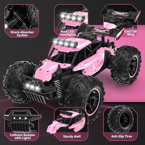 Carox Remote Control Car, 2.4GHz 25KM/H High Speed RC Car, 1:18 Off-Road Monster Truck with LED Lights Rechargeable Battery – Ideal Gift for Boys 6+ - color: Pink