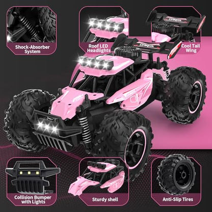 Carox Remote Control Car, 2.4GHz 25KM/H High Speed RC Car, 1:18 Off-Road Monster Truck with LED Lights Rechargeable Battery – Ideal Gift for Boys 6+ - color: Pink