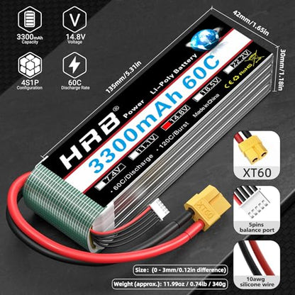 HRB 4S 3300mAh Lipo Battery 60C 14.8V XT60 Compatible with RC Plane