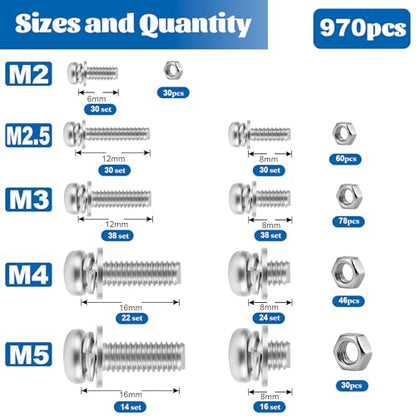 970PCS Machine Screws Assortment Kit Phillips Pan Head 304 SS M2-M5 | Rust-proof M2-M5 metric bolts & nuts for home repair. Fixed washers save time. For DIY, furniture, appliances and outdoors - size: SS M2M2.5M3M4M5 970PCS