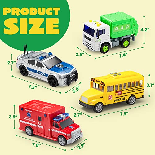 JOYIN 4 Pcs 7" Long Vehicle Toy Set, Toddlers Cars with Lights and Siren Sound, Including Play Police Car, School Bus, Garbage Truck, Ambulance, Birthday Party Gifts Toys for Boys 3-5