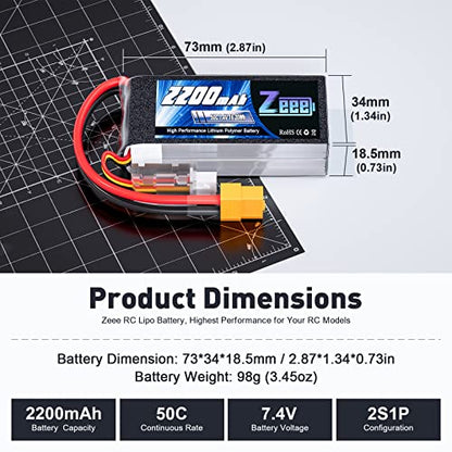 Zeee 2S Shorty Lipo Battery 2200mAh 7.4V 50C with XT60 Connector (2 Pack) | RC Battery Soft Pack for 1/16 Slash RC Car RC Truck RC Helicopter Airplane Quadcopter Drone RC Boat Racing Models