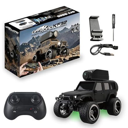 1:64 Alloy Mini RC Crawler with Camera, WiFi APP 2.4GHz (Black) | Alloy Body, 480P Camera & LED Lights. Dual Control: Phone APP or Remote. Gravity Sensing, Auto Demo & Cruise for Hobbyists - color: Black