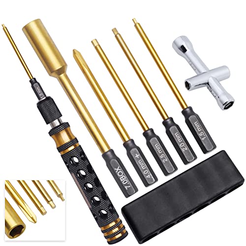 5-in-1 Titanium RC Screw Driver Set-1/4" Driver Drill Bits 1.5mm 2.0mm 2.5mm Hex Allen Wrench Keys & 7.0mm Nut Driver & 4.0mm Phillips RC Tool Set for Traxxas Arrma Axial Losi