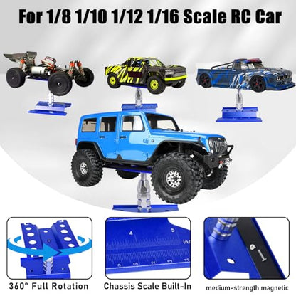 RC Car Work Stand Adjustable Height Lift Lower 360° Rotation Aluminum RC Repair Stand & Small Screw Tray Fit for 1/8 1/10 1/12 1/14 for Traxxa Axial Arrma Redcat RC Crawler Monster Truck Buggy（Blue） - color: Blue