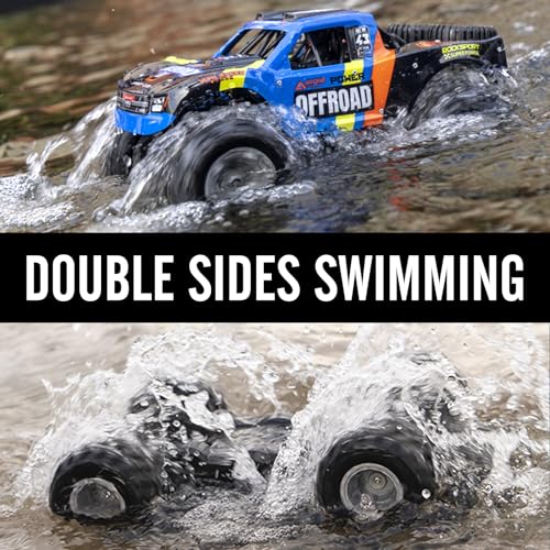 KB KAIBO Q205 1:12 Large Amphibious Remote Control Car - Waterproof RC Monster Truck with Waterproof Controller & 2 Modular Batteries for 60+ Min Play, 7.4V 4WD All Terrain Toy for Kids Adults-Blue - color: Q205 Blue
