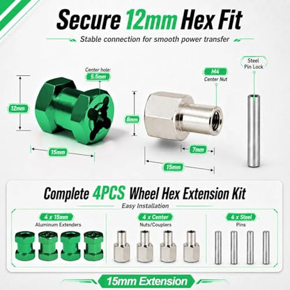 4PCS 12mm Hex Hub 15mm Aluminum Extension Hex for Axial SCX10 D90 90046 | 15mm CNC Wheel Hex Extenders for 1/10 RC Crawlers Redcat Gen7/Gen8 CC01 RC4WD Wider Stance & Tire Clearance with M4 Nuts Pins - color: Green