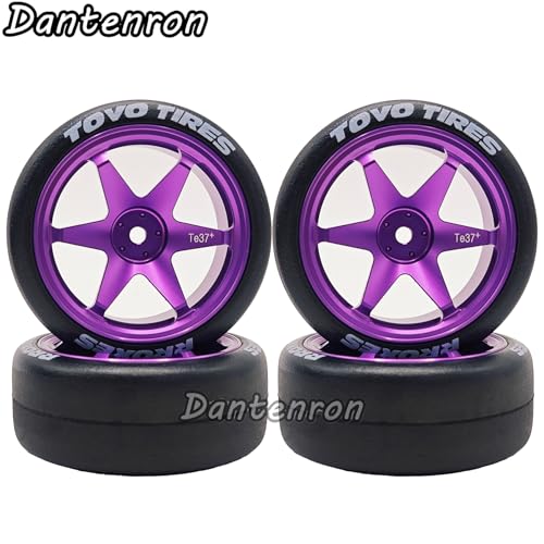 1/10 RC Drift Aluminum Wheels and Tires OD 65mm 1/12 Hard Drift Racing Tyres 12mm Hex for 1:10 Rally Street On Road Touring Car Tamiya TT01 TT02 XV01 TA06 A959 PTG2 KYOSHO 4PCS (Purple) - color: Purple