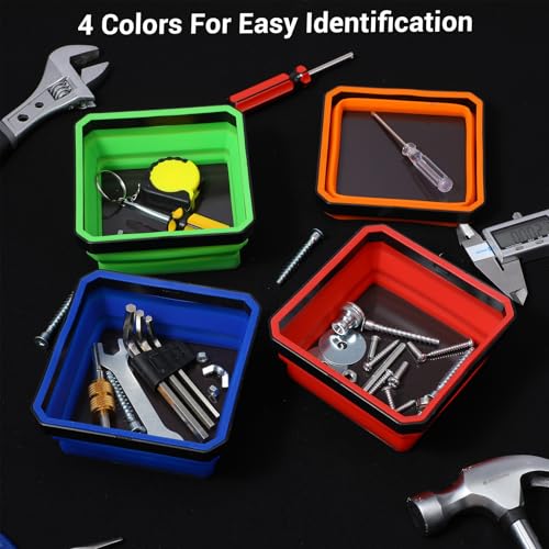 4 Pack Foldable Magnetic Tray Set, 4.5 Inch Square Silicone Magnetic Parts Tray with Dual-Sided Base, Foldable Magnet Trays for Screws Bolts Nuts Washers Pins & Small Metal Parts