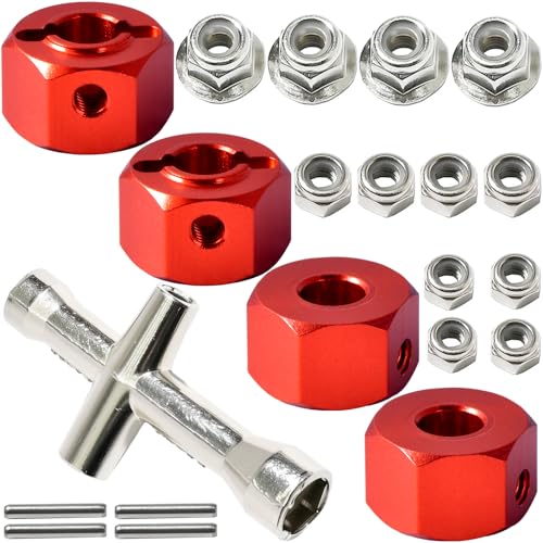 Aluminum 12mm Hex Wheel Hub 4Pcs w/Axle Pin M4 Flange Lock Nut Standard M3 M4 Nut, 7mm Thickness Wheel Drive Adapter Upgrades Parts for 1/16 TRAXXAS MINI MAXX 4WD RTR RC Car(Red) - color: Red