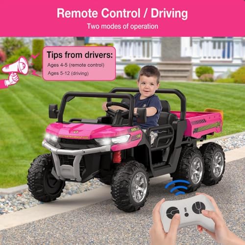 Hetoy 24V Ride on Dump Truck with Remote Control, Electric Dump Bed, Electric Utility Vehicles UTV 4WD Battery Powered 6 Wheeler Ride On Toys for Boys Girls (Pink) - color: Pink
