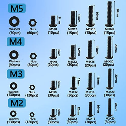 newlng M2 M3 M4 M5 Screws Assortment Kit 1180pcs Metric Black Nuts and Bolts Flat Washers Set 10.9 Grade Alloy Steel Machine Screws and Nuts Hex Socket Button Head Screw with Four Hex Wrenches - size: One Size