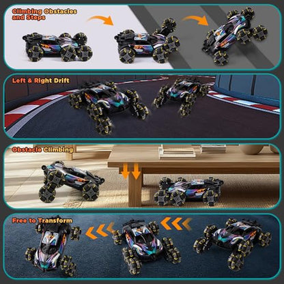 Cool 6-Wheel Gesture RC Stunt Car for Kids Ages 6-12 | Gesture & Remote Dual Control RC Car for Boys Girls, Double-Sided Stunt Vehicle with Lights, Music & Spray Function - color: Black
