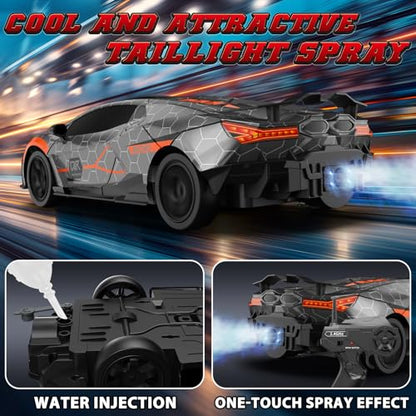 RC Drift Car, 1:16 Remote Control Car 2.4Ghz High Speed RC Cars 4WD Racing Sport Toy Cars with LED Lights, Spray, Drifting Tires, 2 Batteries for Kids Boys Girls Adults Birthday Christmas - color: Silver