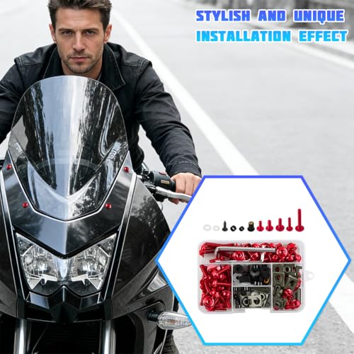 195PCS M5 M6 Motorcycle Fairing Bolt Kits, Stainless Steel Windshield Fairing Screws Fastener, Motorbike Windscreen Bolts Nut Clips Kit, Universal for Dirt Bike Scooters Motocross (Red) - color: Red