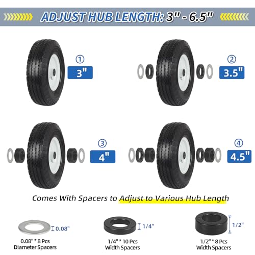 4.10/3.50-6 Flat Free Tire and Wheel, 12" Solid Wheel, 3"-3.5''-4.5'' Centered Hub, and 3/4" & 5/8" Bearings, Replacement for Lawnmower, Wheelbarrow, All Purpose Utility Tire on Wheel