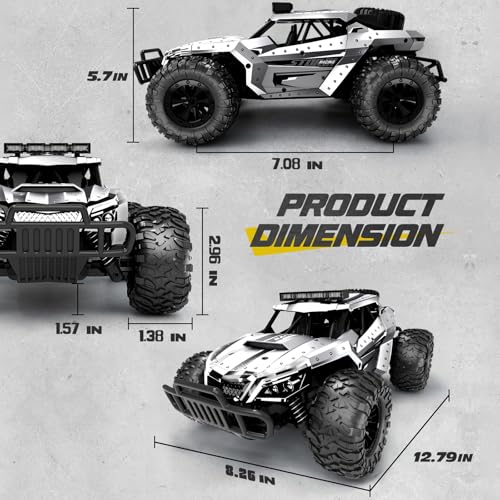 Tecnock RC Car 1/16 Scale Remote Control Car for Boys, High Speed 20 Km/h All Terrains Rc Monster Truck with Two Rechargeable Batteries & Head Chassis Lights Gift Toy for Kids Adults, Silver - color: Silver