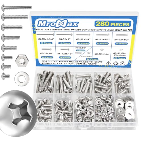 280Pcs #8-32 x 1/4" to 1-1/4" Pan Head Machine Screws Kit with Nuts Washers | 304 Stainless Steel, UNC Fully Threaded Phillips Drive, 8 Lengths for Furniture Cabinet, Electrical Outlets, Appliance Repair - size: #8-32