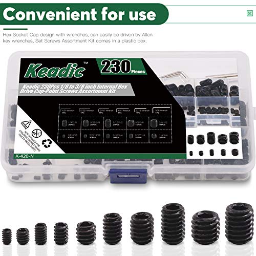 Keadic 236Pcs Internal Hex Drive Cup-Point Screws Assortment Kit, 10 Sizes Alloy Steel Hex Socket Set Cap Point Grub Screws, Socket Head Cap Screws Grub Screws, Black (1/8" to 3/8") - style: 236pcs SAE 10 Sizes Cup Point Set Screw kit