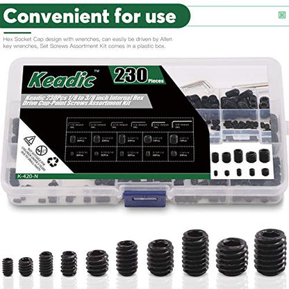 Keadic 236Pcs Internal Hex Drive Cup-Point Screws Assortment Kit, 10 Sizes Alloy Steel Hex Socket Set Cap Point Grub Screws, Socket Head Cap Screws Grub Screws, Black (1/8" to 3/8") - style: 236pcs SAE 10 Sizes Cup Point Set Screw kit