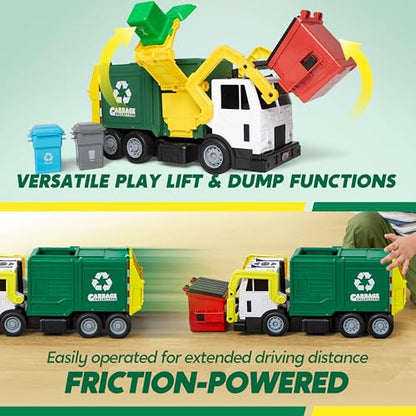 JOYIN Large Friction Powered Garbage Truck Toy Set, Includes 1 Dumpster, 3 Trash Bins, and 30 Learning Cards for Kids, Boy Toys Birthday Gift, Green - color: Green