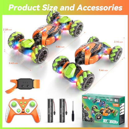 Nicella Remote Control Car, RC Toys Gifts for 6 7 8 9 10 11 12 Year Old Boys Girls - 360° Rotating 4WD Gesture Sensing RC Sunt Car with Lights & Music - Cool Birthday Gifts for Kids - color: Orange/Green