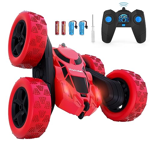 Hamdol RC Stunt Car for Kids Ages 6–12, 360° Rotating Remote Control Car with LED Lights, 4WD Electric Toy Vehicle, USB Rechargeable, Perfect Birthday, Holiday for Boys & Girls - color: Red, size: Standard (Headlights)