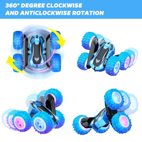 KKONES Remote Control Car, 2.4GHz Double Sided 360° Flips RC Stunt Car | LED Wheels & Headlight 4WD Race Stunt Car, High Speed Off Road Cars Toy Gift for 3 4 5 6 7 8-12 Year Old Boy Toys (Blue) - color: Blue
