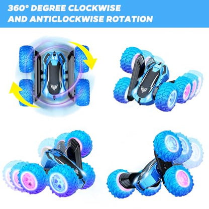 KKONES Remote Control Car, 2.4GHz Double Sided 360° Flips RC Stunt Car | LED Wheels & Headlight 4WD Race Stunt Car, High Speed Off Road Cars Toy Gift for 3 4 5 6 7 8-12 Year Old Boy Toys (Blue) - color: Blue