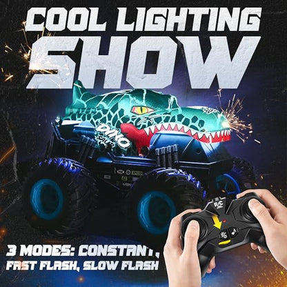 BEZGAR Monster Truck Toys, 1:20 Remote Control Car with Two Shell | Blue Dinosaur Toys, RC Truck with 360° Spins and Drifting, Toy Car Gifts for Boys with Light and Music, 20 Mins Battery Life - color: Two Shells