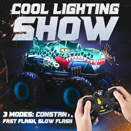 BEZGAR Monster Truck Toys, 1:20 Remote Control Car with Two Shell | Blue Dinosaur Toys, RC Truck with 360° Spins and Drifting, Toy Car Gifts for Boys with Light and Music, 20 Mins Battery Life - color: Two Shells