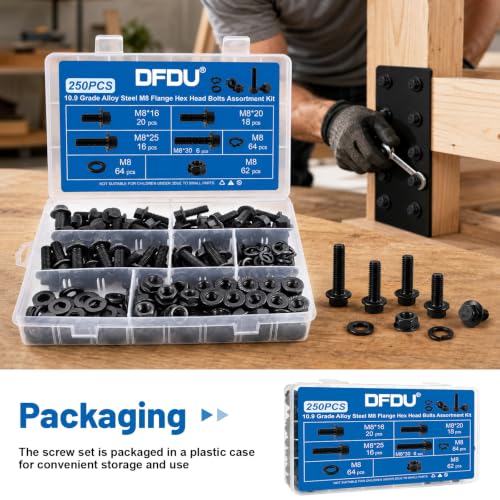 250PCS M8 Flange Bolts and Nuts Assortment Kit, Grade 10.9 Alloy Steel | Black Zinc Plated Metric M8-1.25 x16/20/25/30mm Hex Screws Flat & Spring Washers for 3D Printer, RC Car, Drones, DIY Repair - size: G10.9 M8 250PCS