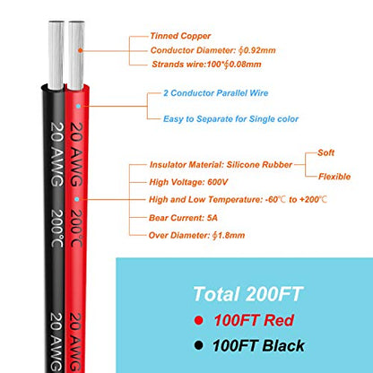 Haerkn 20 awg Silicone Electrical Wire Cable 2 Cores 100ft Spool | 20 Gauge Soft and Flexible Hook Up Oxygen Free Stranded Tinned Copper Wire - style: 20awg-100FT