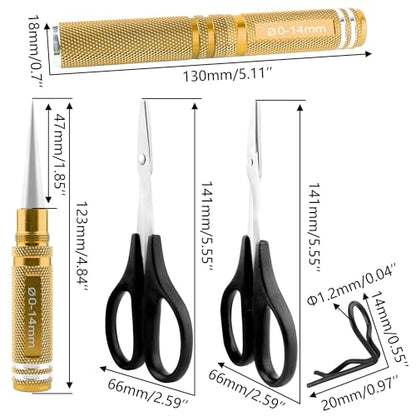 RC Body Reamer 0-14mm Hole Puncher with Sleeve & Curved & Straight Scissors & 8 Pieces Body Clips Set Cars Body Mounting for RC Vehicle Truck Plastic Body Shell Cover Hobby Repair Tools (Gold) - color: Gold
