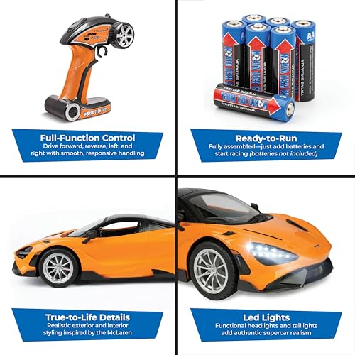 World Tech Toys McLaren 765LT 1:10 RTR Electric RC Car – Officially Licensed McLaren – 2.4GHz Full Function Remote Control with Rechargeable Battery – 16" L x 7.5" W x 4" H – Kids 6+