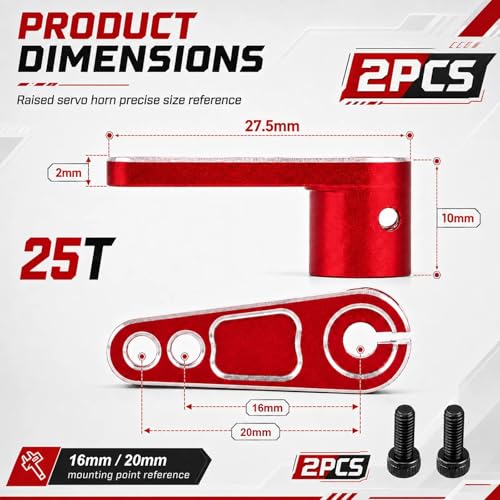 2PCS 25T Aluminum Raised Servo Horn for Futaba Savox Power HD 1/8 1/10 RC | CNC Servo Arm With M3 Threaded 16mm 20mm Holes for RC Off-Road Crawler Drift Racing Car Steering Linkage Clearance Upgrade - color: Red