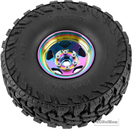 RC Alloy 1.9" Beadlock Wheels and Tires for 1/10 RC Crawler TRX4 SCX10 SCX10 III 90046 D90,1.9 RC Wheels and Tires 1.9 Beadlock Tires RC Rims,4 Packs,Rainbow - color: Rainbow(4pcs)