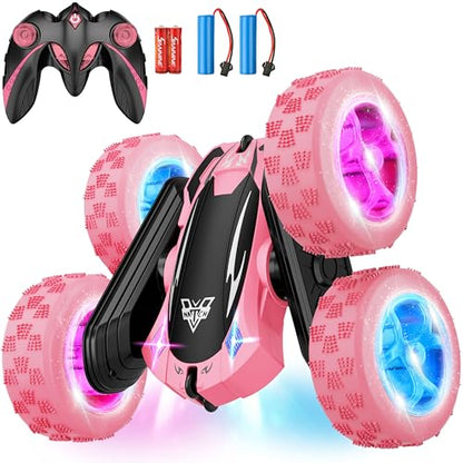 Remote Control Car, 2.4GHz RC Stunt Car, Double Sided Rotating RC Cars | LED Headlight & LED Wheel, 360° Flips High Speed Off Road RC Crawler Xmas Gift for 5 6 7 8-12 Year Old Girls Toys (Pink) - color: Pink
