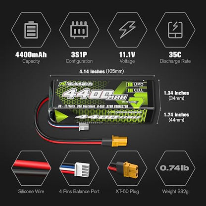 CROBOLL RE038 3S Lipo Battery 35C 4400mAh 11.1V Li-po Battery with XT60 Plug for 1/10 Scale RC Car