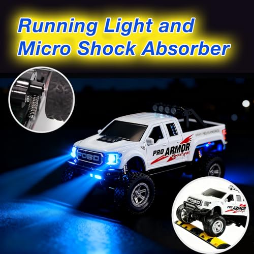 Mini RC Truck, 1/64 Scale Alloy Monster Truck Remote Control Car | 2.4GHz Control, LED Lights, 3-Speed Settings, Cruise Control,Adjustable Steering, Indoor Outdoor Toy for Kids Adults - color: White
